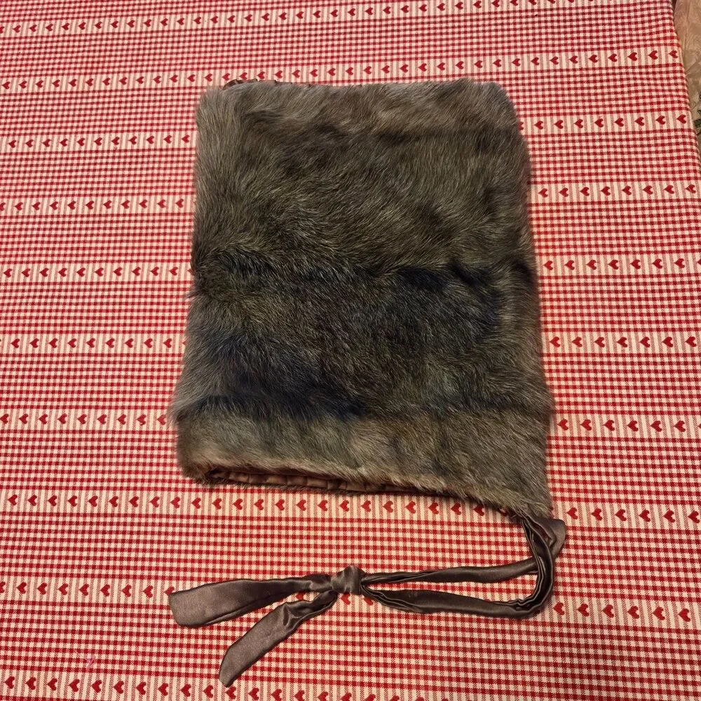Vintage 1950s Fur Muff Handwarmer Satin Interior Tie Strap Gray Fur